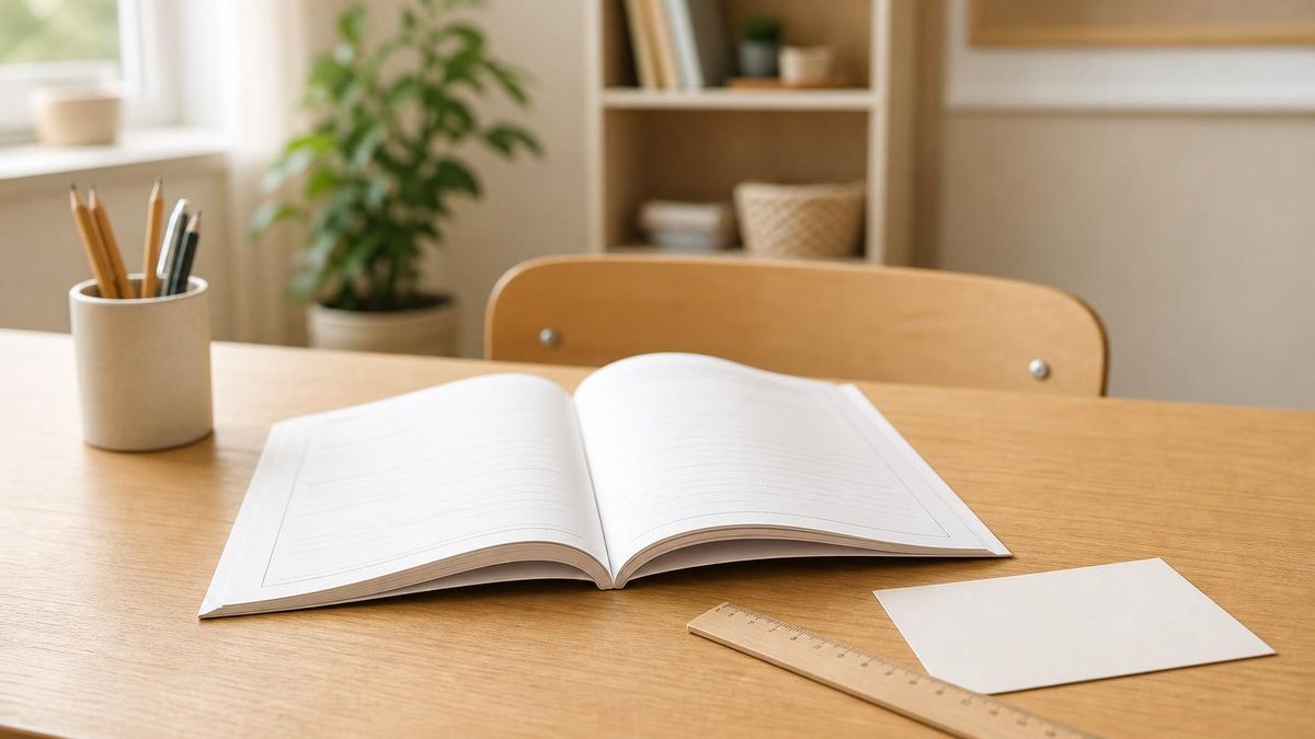 A school desk with an open workbook, a ruler and a printed learning objective card